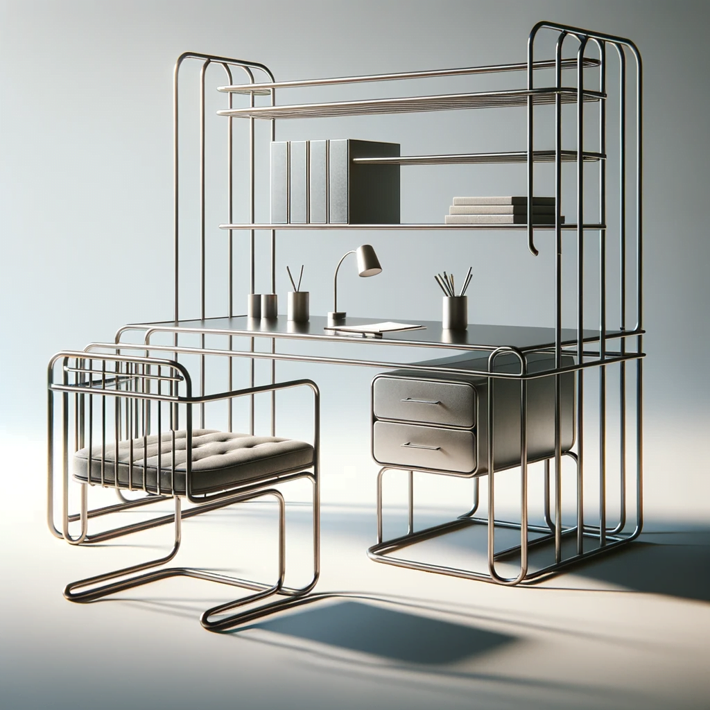 DALL·E 2023-10-26 16.49.14 - Photo réaliste d'un ensemble de mobilier de bureau minimaliste comprenant une table, une chaise et une étagère, tous conçus avec des tubes en acier co