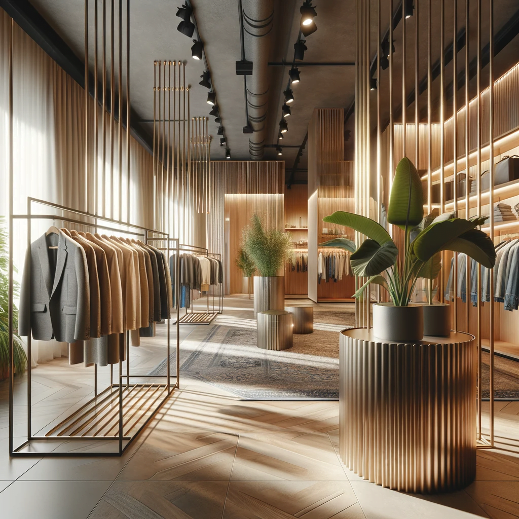 DALL·E 2023-10-26 16.58.29 - Photo réaliste d'un espace de boutique élégant, où des portiques pour vêtements en tubes en acier se tiennent à côté d'étagères contemporaines en tube