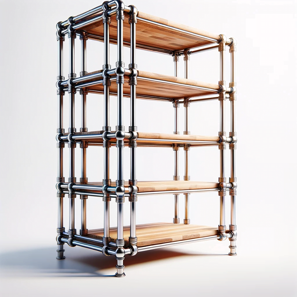 DALL·E 2023-10-26 17.18.29 - Photo ultra réaliste d'une étagère en planches de bois poli, avec des tubes en acier servant de pieds et de renforts, présentant un design équilibré,