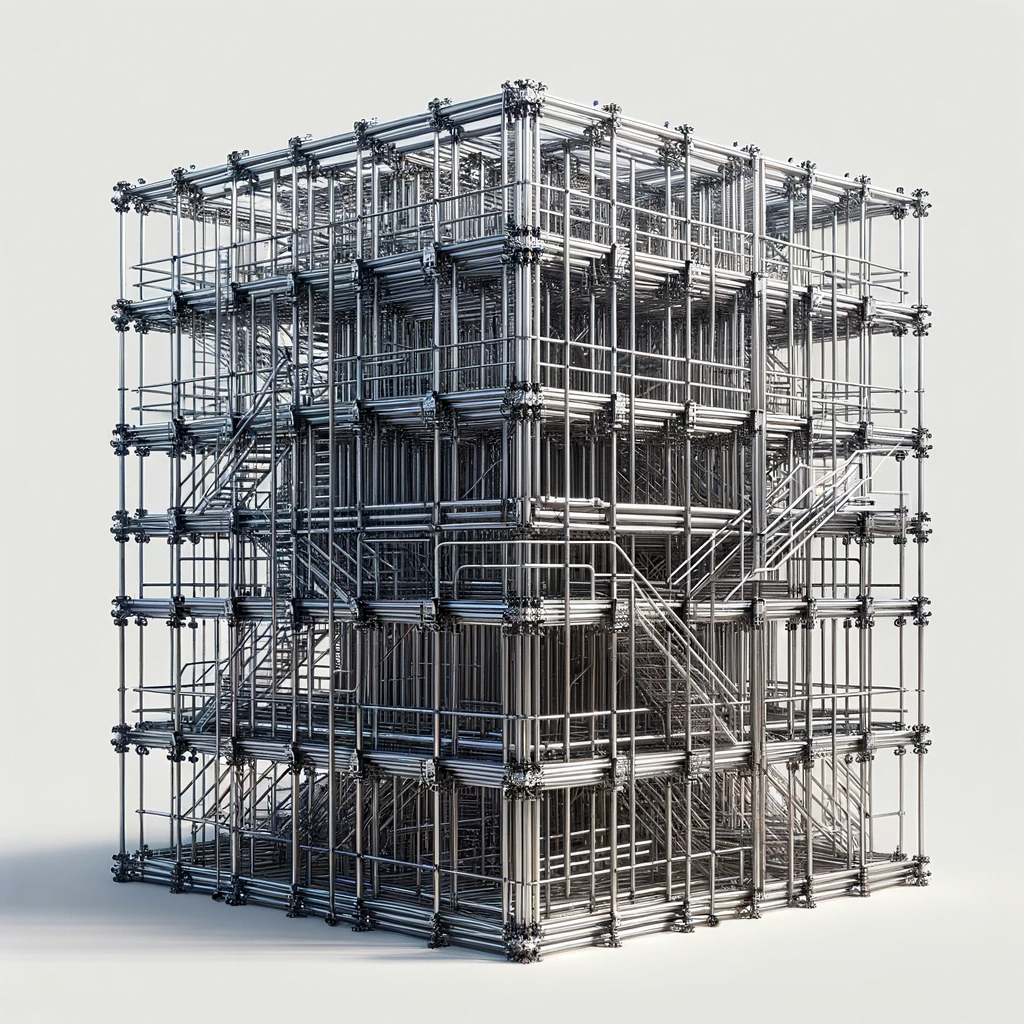 DALL·E 2023-10-26 17.24.21 - Photo ultra réaliste d'un échafaudage de chantier minimaliste en tubes en acier, conçu pour un petit espace, sur fond blanc