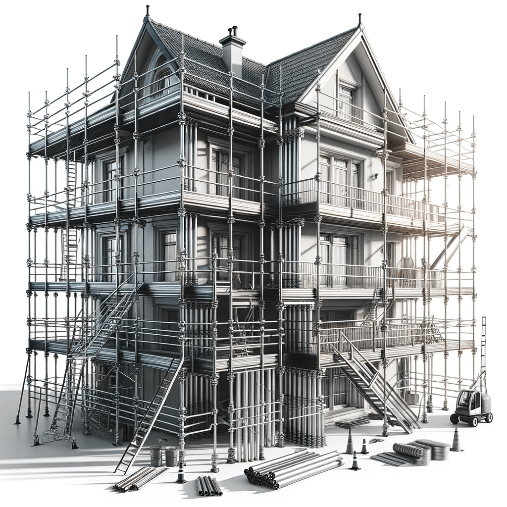 DALL·E 2023-10-26 17.25.38 - Photo réaliste d'un échafaudage de maison en tubes en acier, monté contre la façade d'une maison résidentielle, avec des plateformes pour faciliter le